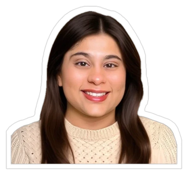 Bhavya, smiling, in a cream knit sweater