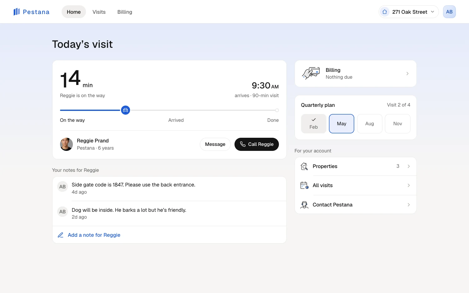 Solea customer portal on desktop: today’s visit